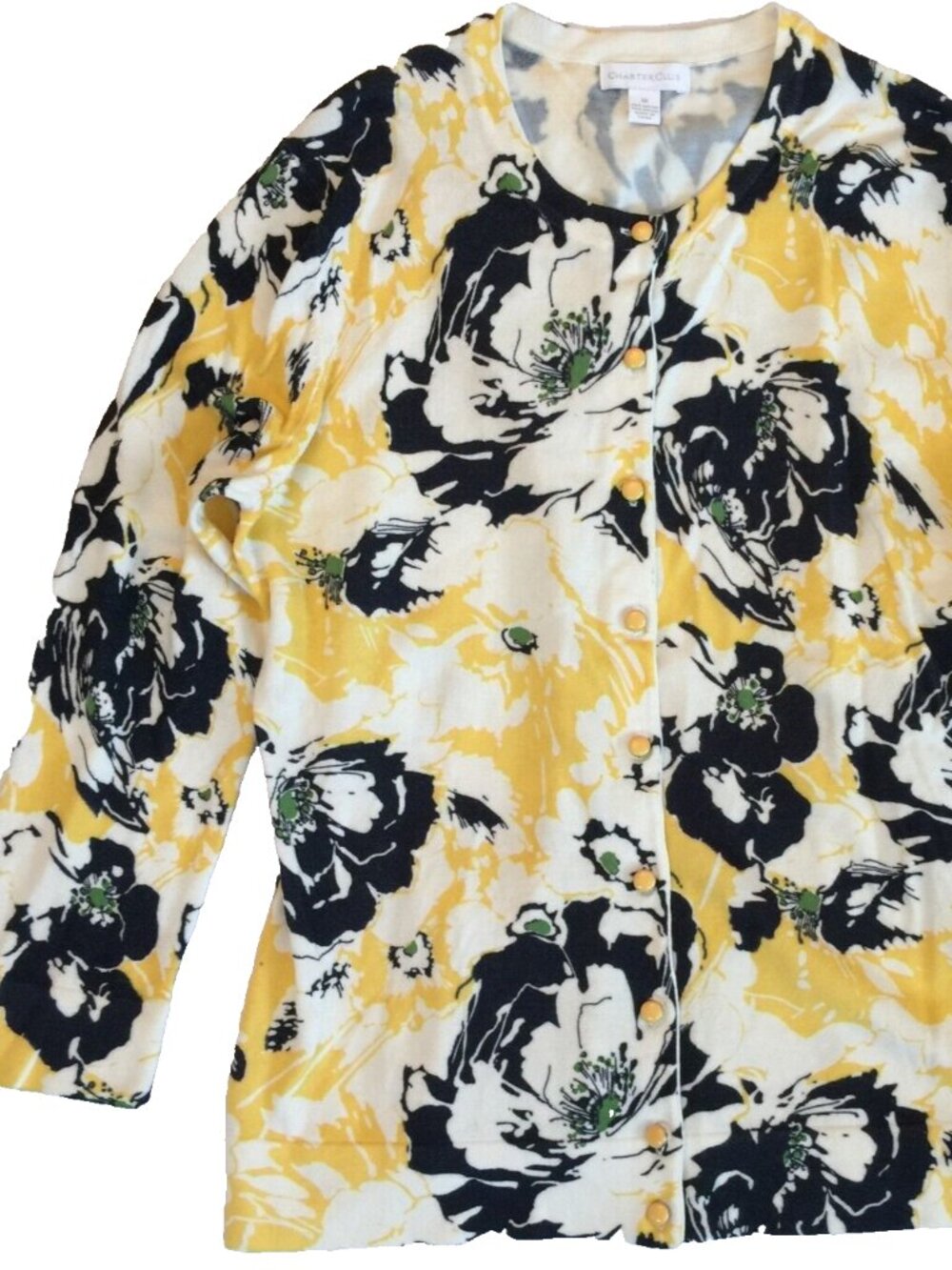 CHARTER CLUB BLUE YELLOW FLORAL RAYON BLEND CARDIGAN SWEATER WOMENS M 36"x24"